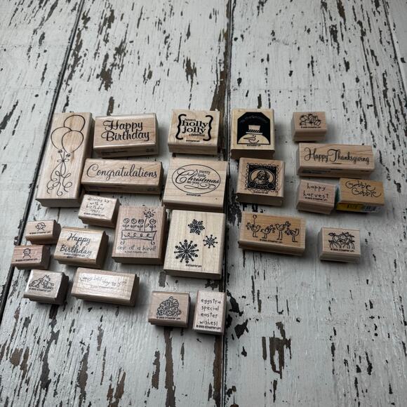 Wooden Rubber Stamps Bundle Lot of 23 Holiday and Birthday Seasonal Stamping - Picture 4 of 8